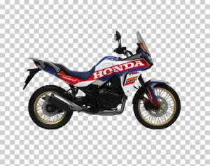 A side profile of the white, blue, and red Honda XL750 Transalp motorcycle.