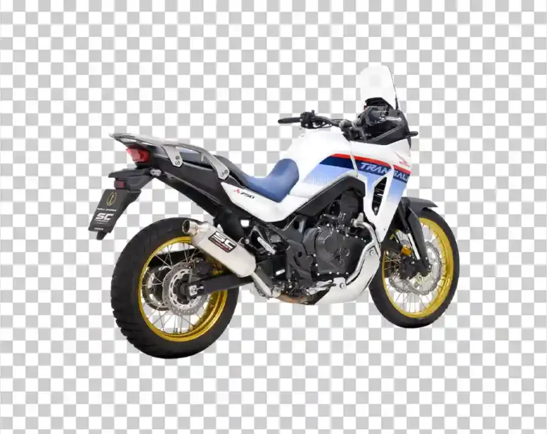 A rear-quarter view of the white Honda XL750 Transalp motorcycle with blue and red stripes.