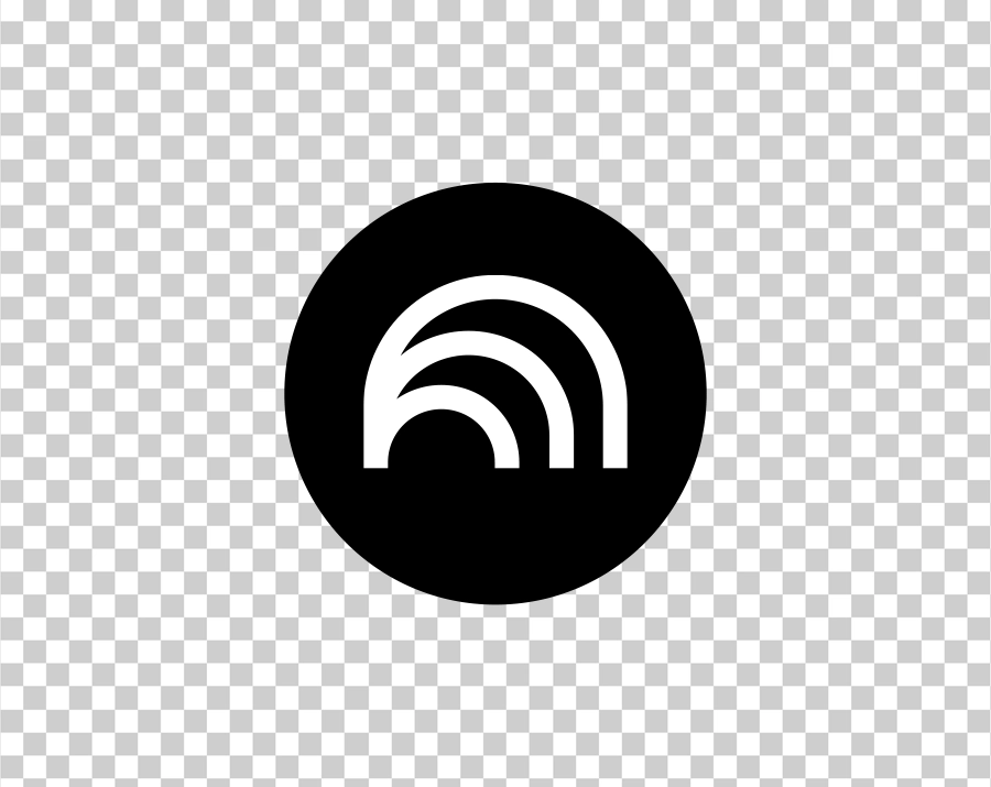 A logo icon featuring a series of four white, overlapping arch or semi-circle shapes contained within a solid black circle.