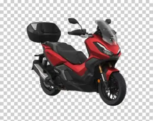 A front view of a red Honda ADV350 motorcycle with a top case accessory.