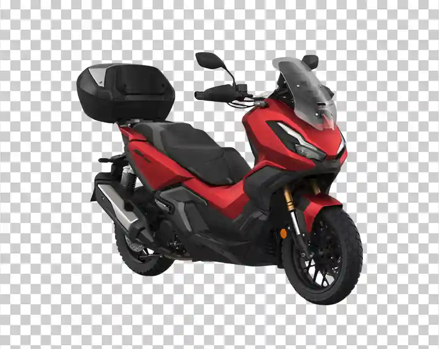 A front view of a red Honda ADV350 motorcycle with a top case accessory.