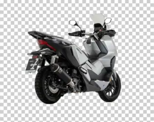 A rear-quarter view of a white Honda ADV350 motorcycle with a top box and a custom exhaust.