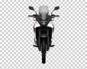 A front profile of the Honda XL750 Transalp adventure motorcycle in white, blue, and red colors.