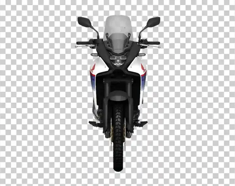 A front profile of the Honda XL750 Transalp adventure motorcycle in white, blue, and red colors.