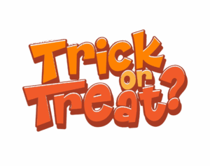 "Trick or Treat?" text in vibrant orange with a dark orange 3D shadow effect. Bold, cartoon-style Halloween wordmark logo. Transparent background PNG.