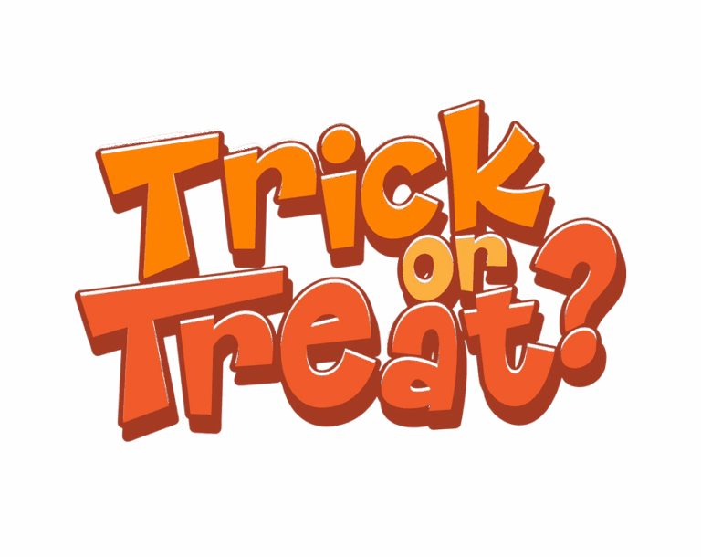 "Trick or Treat?" text in vibrant orange with a dark orange 3D shadow effect. Bold, cartoon-style Halloween wordmark logo. Transparent background PNG.