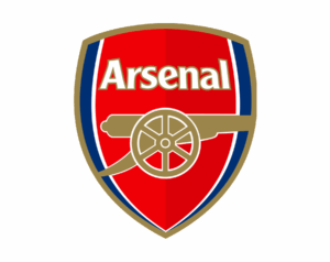 The English football club logo featuring the word "Arsenal" in white on a red shield, overlaid with a bronze cannon pointing right and facing upwards.