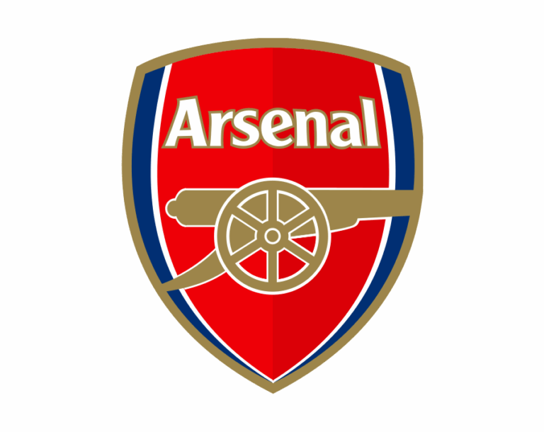 The English football club logo featuring the word "Arsenal" in white on a red shield, overlaid with a bronze cannon pointing right and facing upwards.