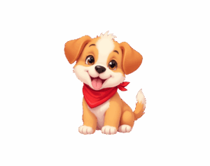 An adorable, cartoonish puppy illustration with brown and white fur, large eyes, and a happy expression, sitting while wearing a red bandana around its neck.