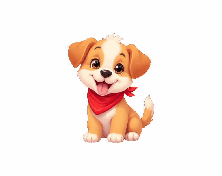 An adorable, cartoonish puppy illustration with brown and white fur, large eyes, and a happy expression, sitting while wearing a red bandana around its neck.