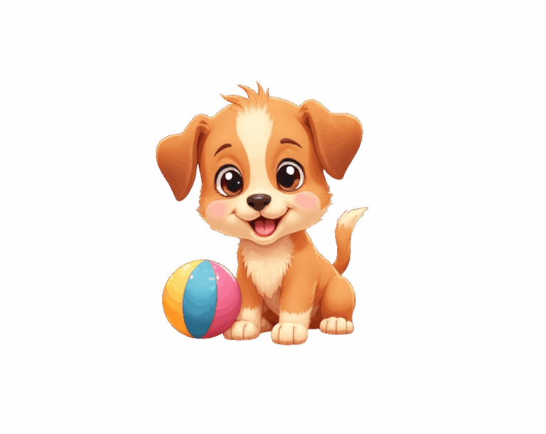 A cute, cartoonish puppy illustration with brown and white fur, large eyes, sitting next to a striped beach ball (pink, yellow, blue).