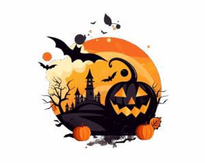 Abstract Halloween silhouette scene with a haunted castle, giant jack-o'-lantern, and orange sky. Transparent PNG