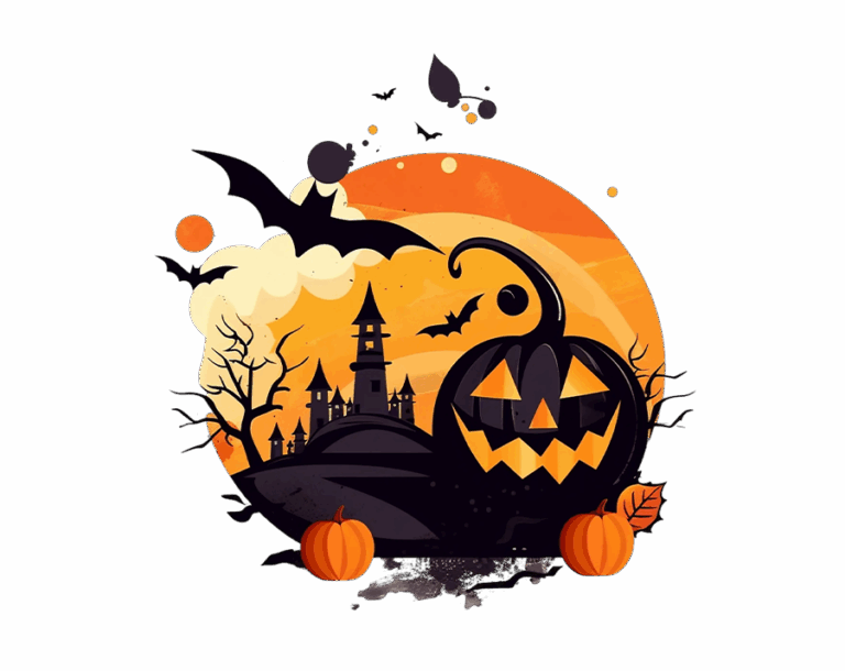 Abstract Halloween silhouette scene with a haunted castle, giant jack-o'-lantern, and orange sky. Transparent PNG