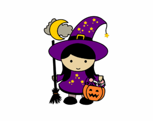 Cute cartoon witch girl in purple dress and hat, holding a broom and a jack-o'-lantern bucket filled with candy.