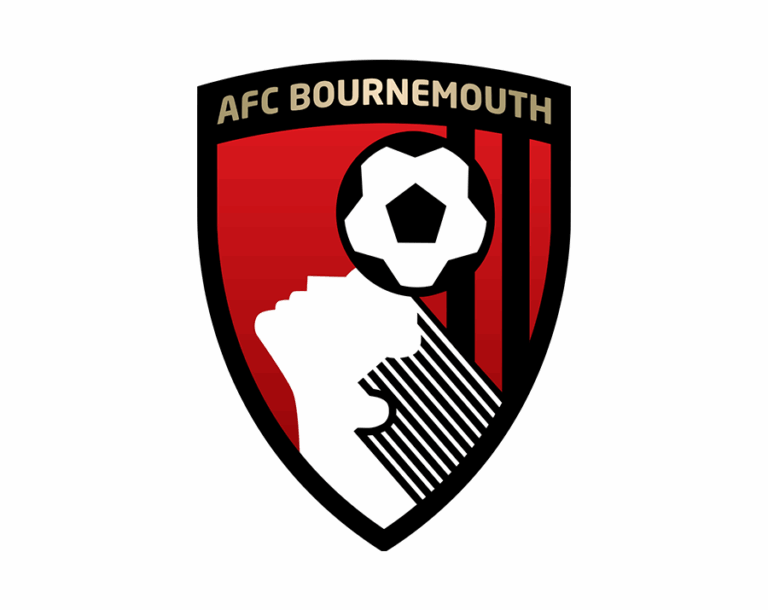 The AFC Bournemouth logo, featuring a stylized head of a footballer looking left and a white football, all set on a shield with red and black vertical stripes.