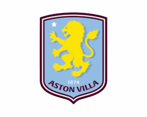 The official Aston Villa FC logo, featuring a rampant yellow lion on a light blue shield, with the words ASTON VILLA and the year 1874 written beneath it.
