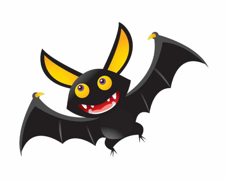 Transparent Halloween PNG image of a cute, cartoon-style flying black bat illustration with yellow ears and purple eyes.