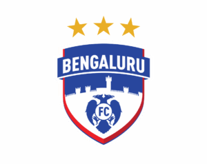The Bengaluru FC logo, a red and blue shield featuring the Bangalore Fort silhouette, the mythological two-headed eagle Gandaberunda figure, and BENGALURU written above.