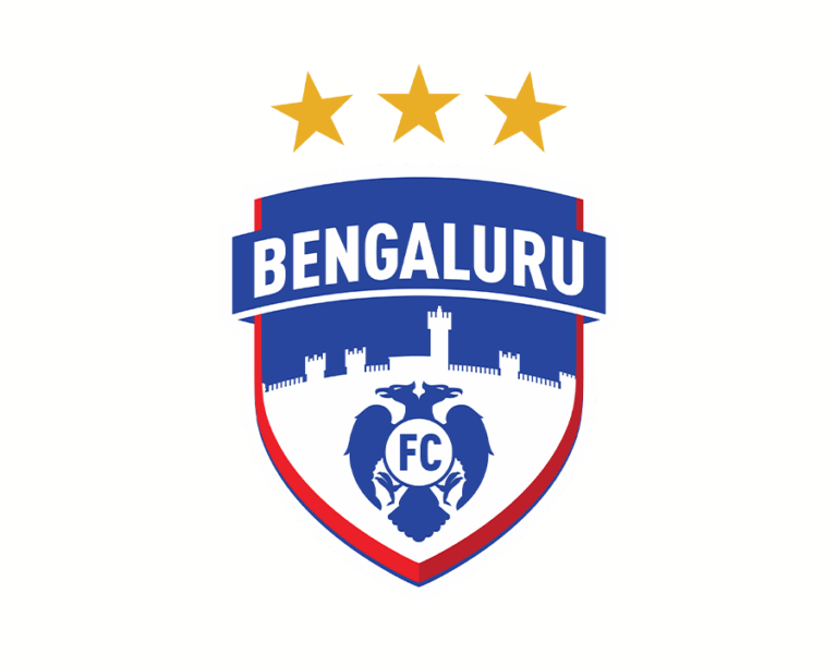 The Bengaluru FC logo, a red and blue shield featuring the Bangalore Fort silhouette, the mythological two-headed eagle Gandaberunda figure, and BENGALURU written above.
