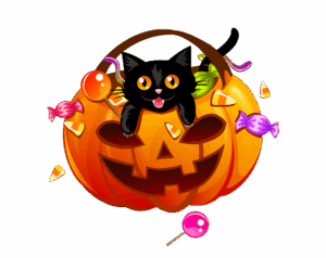 Transparent Halloween PNG image of a smiling jack-o'-lantern decorated with a peeking black cat and surrounding candies