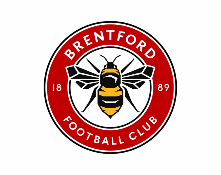 The Brentford FC logo, featuring a stylized yellow and black striped bee with spread wings in a white inner circle, surrounded by a red ring with the club's name.