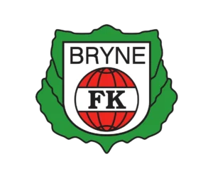 Bryne FK Football Club Logo, Outer Frame Shaped like a Green Oak Leaf Wreath, Black "BRYNE" and "FK" Text over a Red Ball Motif within a White Shield.
