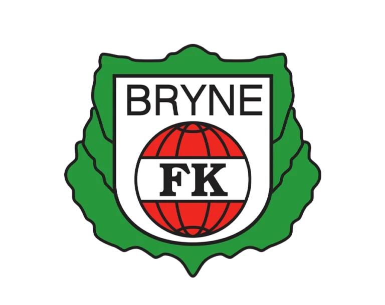 Bryne FK Football Club Logo, Outer Frame Shaped like a Green Oak Leaf Wreath, Black "BRYNE" and "FK" Text over a Red Ball Motif within a White Shield.
