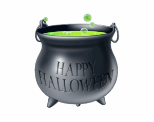 Black witch's cauldron illustration filled with bubbling, bright green potion, featuring the embossed text "HAPPY HALLOWEEN."