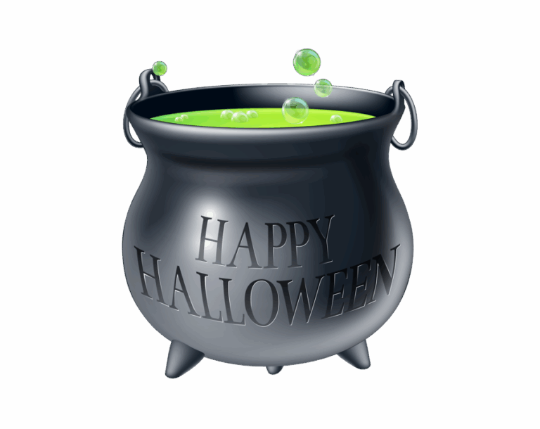 Black witch's cauldron illustration filled with bubbling, bright green potion, featuring the embossed text "HAPPY HALLOWEEN."