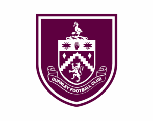 The detailed Burnley FC crest, featuring a shield in claret (maroon) and white, with a rampant lion at the center, a vine leaf and two bees above, and BURNLEY FOOTBALL CLUB written below.