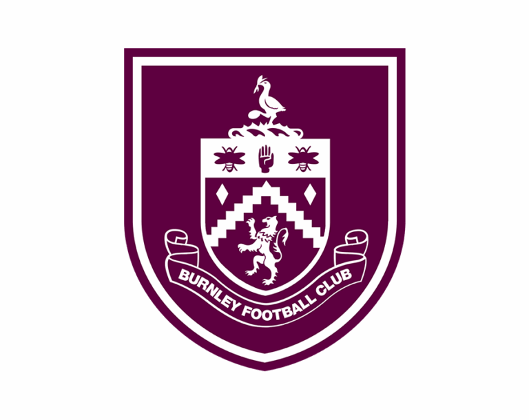 The detailed Burnley FC crest, featuring a shield in claret (maroon) and white, with a rampant lion at the center, a vine leaf and two bees above, and BURNLEY FOOTBALL CLUB written below.