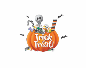 Transparent Halloween PNG image of a pumpkin candy bucket with "Trick or Treat!" lettering, filled with a skeleton, ghosts, and colorful candies.