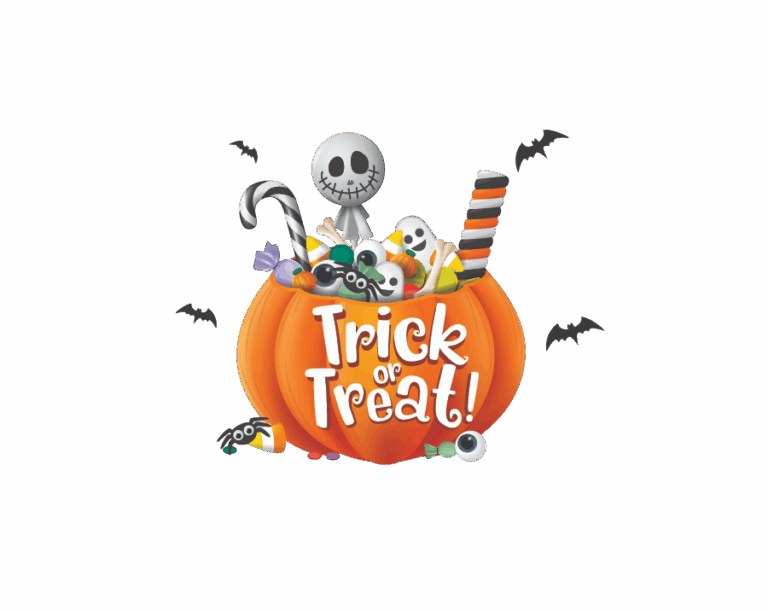 Transparent Halloween PNG image of a pumpkin candy bucket with "Trick or Treat!" lettering, filled with a skeleton, ghosts, and colorful candies.