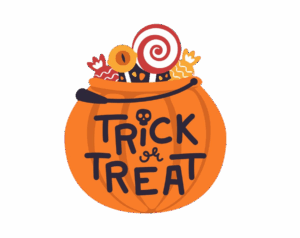 Orange pumpkin bucket with a skull emblem and "TRICK OR TREAT" text, overflowing with assorted candies and a red-and-white lollipop.