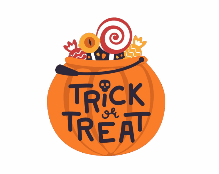 Orange pumpkin bucket with a skull emblem and "TRICK OR TREAT" text, overflowing with assorted candies and a red-and-white lollipop.