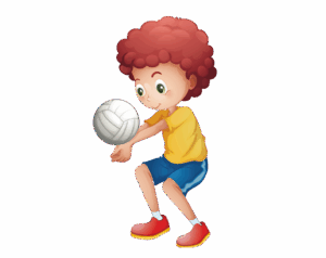 Cartoon boy with red hair playing volleyball with an underhand pass