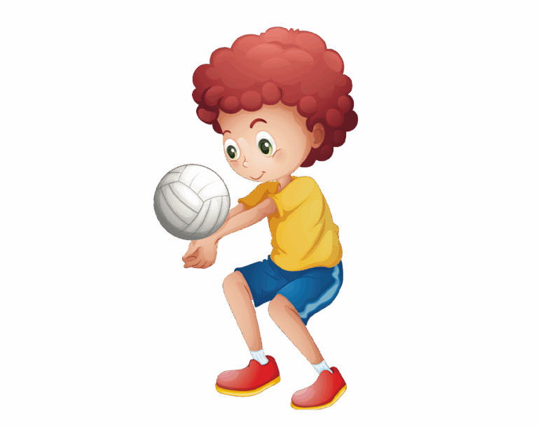 Cartoon boy with red hair playing volleyball with an underhand pass