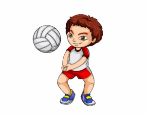 Cartoon boy in red and white uniform playing volleyball, preparing for a bump pass