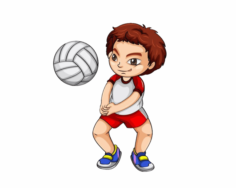 Cartoon boy in red and white uniform playing volleyball, preparing for a bump pass