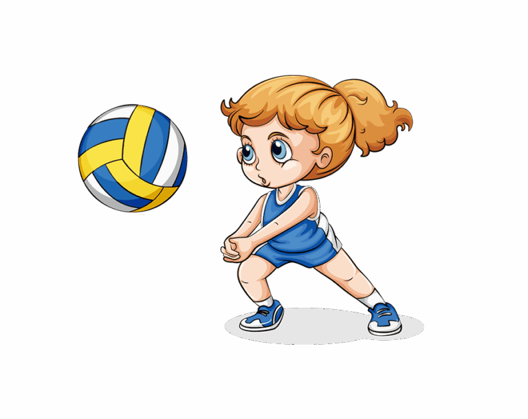 Cartoon girl in blue uniform playing volleyball with a bump pass