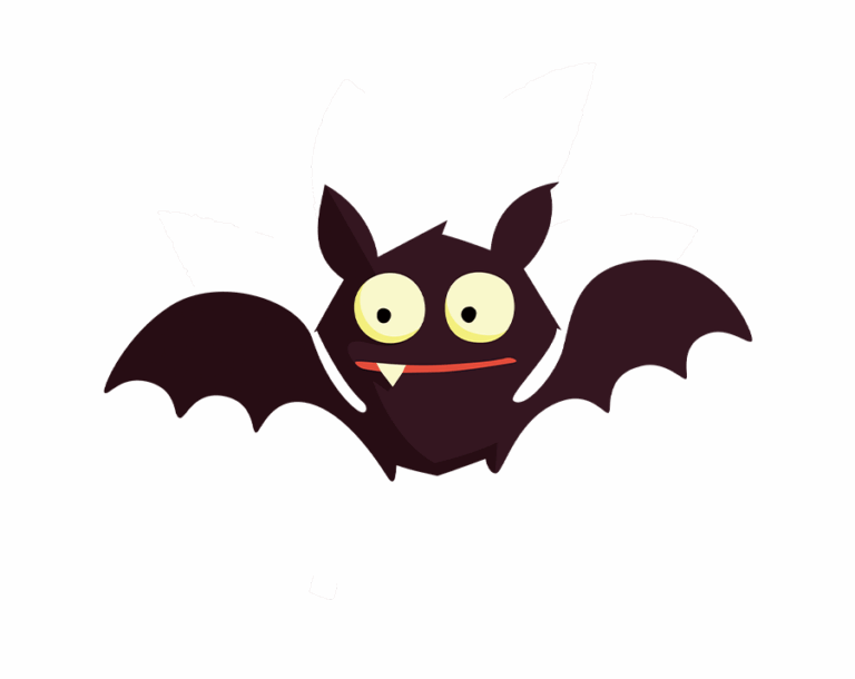 A cartoon illustration of a dark brown/black bat with open wings, featuring large yellow eyes, a red mouth, and a prominent fang, set against a transparent background.
