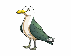 A flat, cartoon-style illustration of a standing white seagull with dark green wings and a yellow beak.