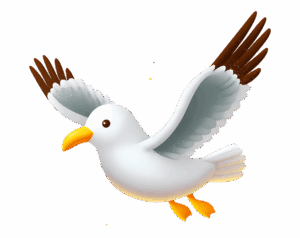 An adorable, 3D-style illustration of a white seagull in flight with outstretched wings, a bright yellow beak, and feet.