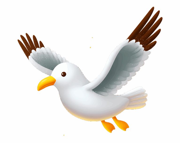 An adorable, 3D-style illustration of a white seagull in flight with outstretched wings, a bright yellow beak, and feet.