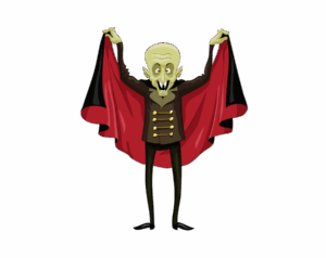 Cartoon vampire character with green skin and fangs holding open a red-lined black cape. Transparent PNG.