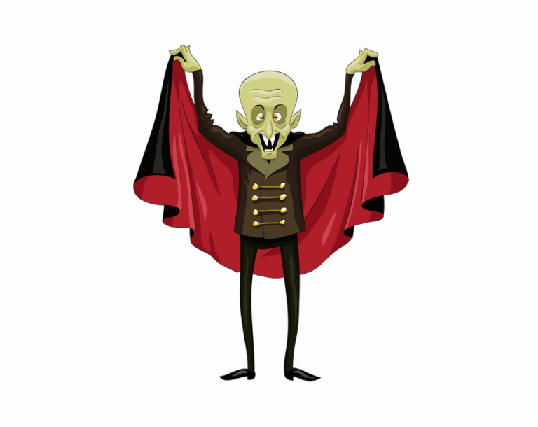 Cartoon vampire character with green skin and fangs holding open a red-lined black cape. Transparent PNG.