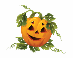 A Halloween illustration of an orange Jack-o'-lantern (carved pumpkin) with a carved, large grinning mouth and triangular eyes, surrounded by green vines and leaves, set against a transparent background.