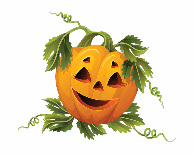 A Halloween illustration of an orange Jack-o'-lantern (carved pumpkin) with a carved, large grinning mouth and triangular eyes, surrounded by green vines and leaves, set against a transparent background.