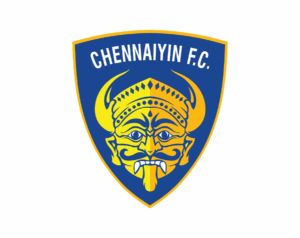 The Chennaiyin FC logo, a navy blue shield featuring a stylized, horned, yellow 'Fallen King' mask, symbolizing wisdom and strength in Tamil culture, with CHENNAIYIN F.C. written above.