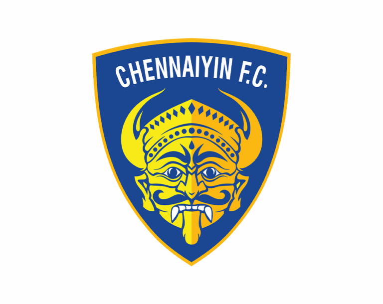 The Chennaiyin FC logo, a navy blue shield featuring a stylized, horned, yellow 'Fallen King' mask, symbolizing wisdom and strength in Tamil culture, with CHENNAIYIN F.C. written above.